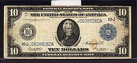 Fr.943a, 1914 $10 Kansas City Federal Reserve Note, F, tear